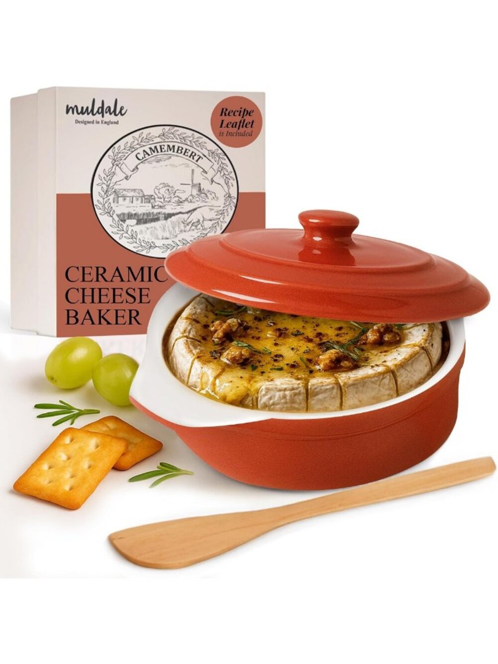 Ceramic Brie Baker with Lid & Spreader - Red Camembert Cheese Crock Set